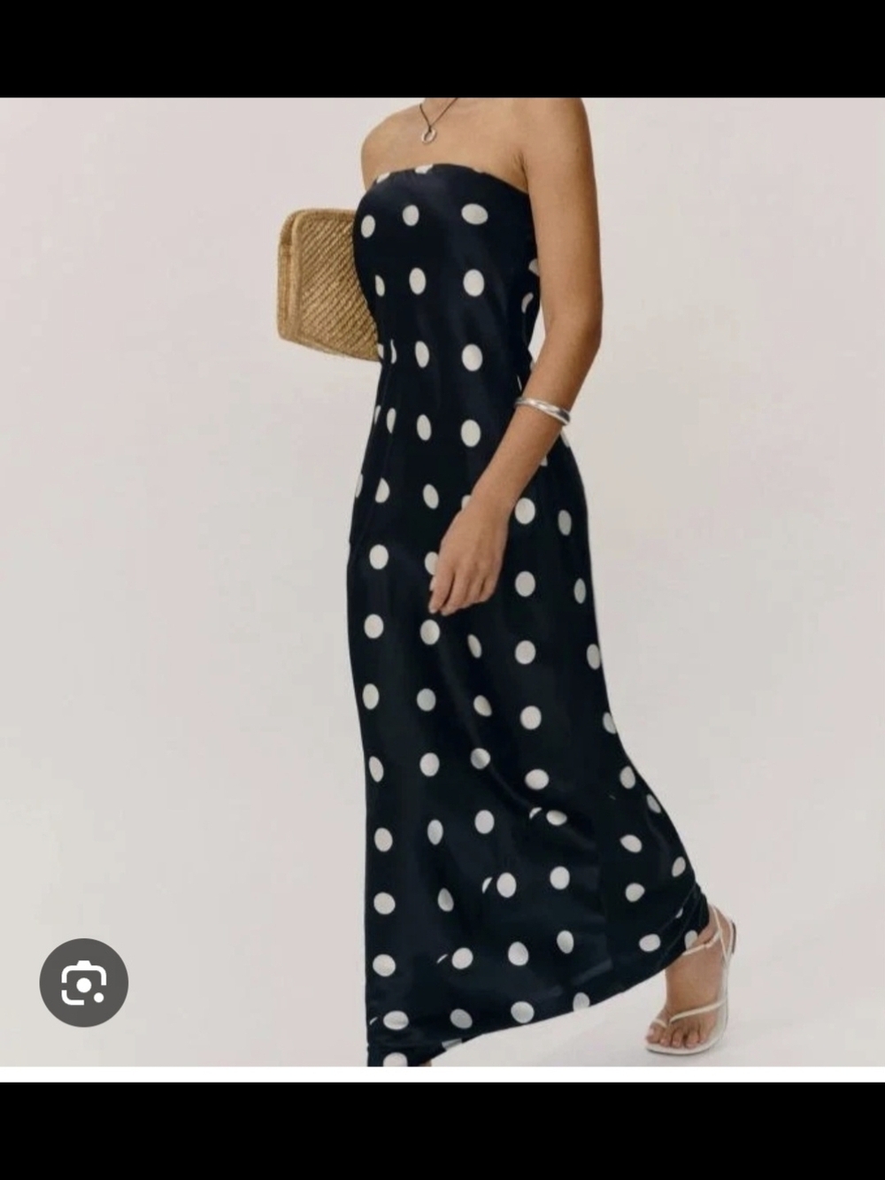 Reformation Black Strapless Polka Dot Maxi Dress